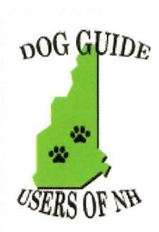  - Dog Guide users of NH logo. A green map of the state of NH with two black dog paws within the design. With the words of "Dog Guide on top of design, and words Users of NH"