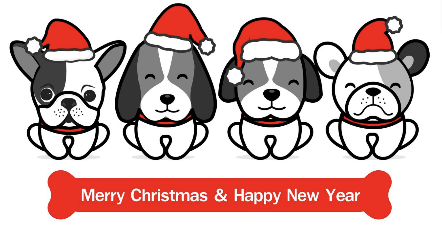 4 little cartoon puppies with santa hats on and siting patiently smiling with a large red dog bone going across the screen under them with the words Merry Christmas and Happy New Year 2022