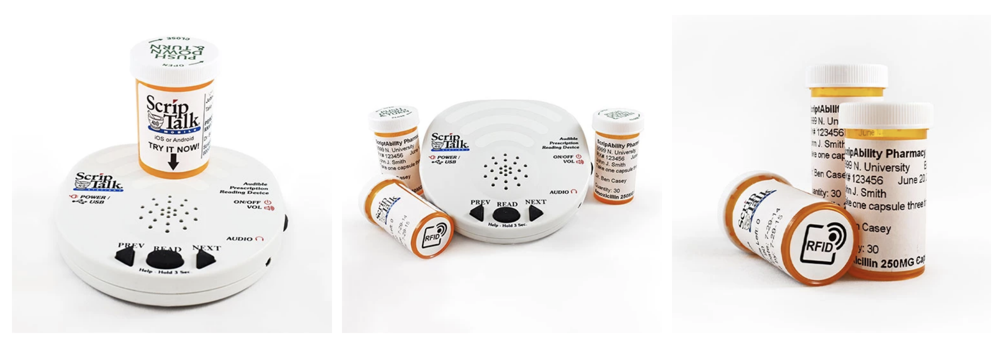 Scriptalk machine, on loan free machine, size of a small smoke detector with a labeled prescription bottle medicine on top of it