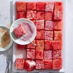 watermelon kiwi cubes on top of tray