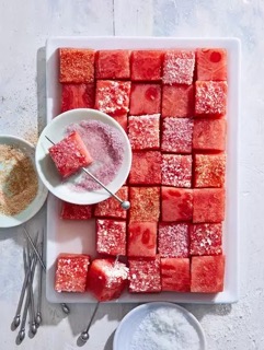 watermelon kiwi cubes on top of tray